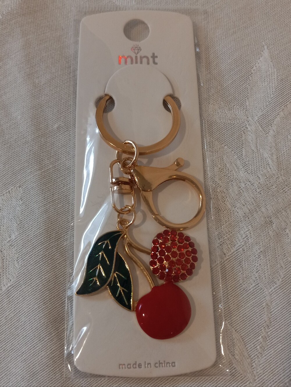 NEW MINT Gold-Tone Cherry Bag/Backpack Charm Keychain With Rhinestones